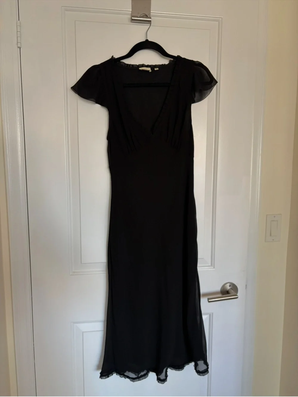 Aritzia Camelot Black V-Neck Midi Dress with Sheer Cap Sleeves - Picture 3 of 5